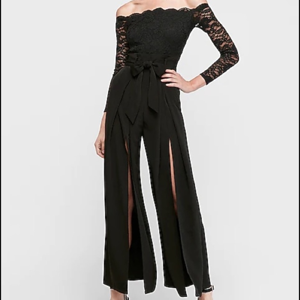 Express Lace Off The Shoulder Paperbag Slit Leg Jumpsuit